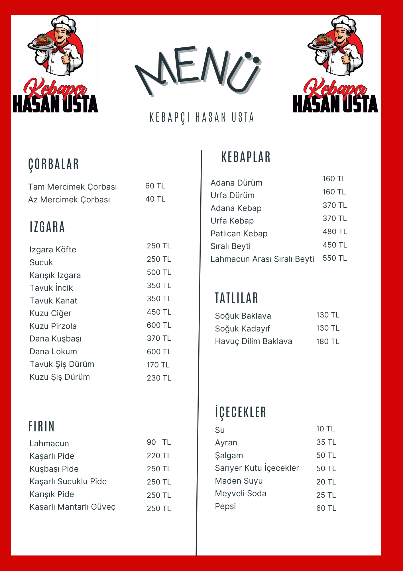 Kebapçı Hasan Usta Menü